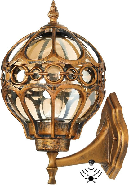 Dusk to Dawn Outdoor Wall Light Fixtures, Gold Exterior Aluminum Waterproof Porch Lights, Globe Anti-Rust Outside Sconce Lantern Wall Mount with Amber Glass for Patio Backyard Garage Doorway