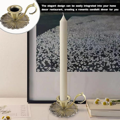 Vintage Candle Stick Holder, Handle Stand Iron Candle Stick Holder, Small Taper Candle Holder for Table Home Decoration (Brass)