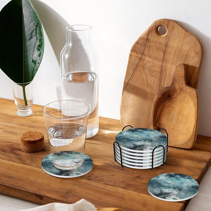 6 Pcs Ceramic Coasters with Holder Absorbent Drink Round Gold and Blue Marble Style Design for Home Table Coffee Cup Wine Beer Bar,Size 4.4 inches