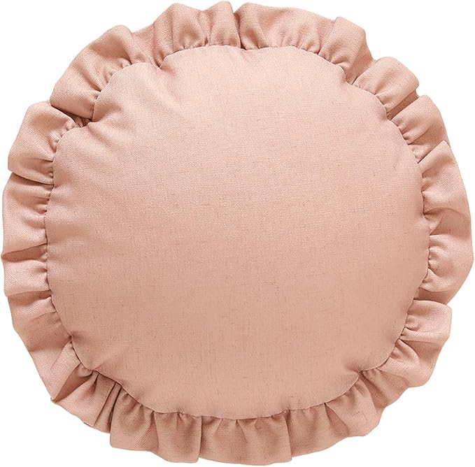 ISAENNE Classic Pink Round Throw Pillow Cover Diameter 16", Solid Color Cottage Linen Cotton Decoration Pillow Cover with Ruffles, Sturdy Throw Pillow Case for Couch Sofa Bed Living Room