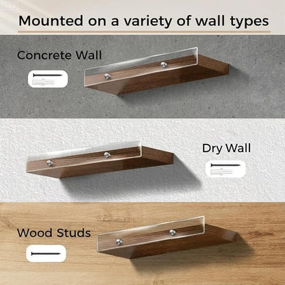 Wood Floating Shelves with Acrylic Front Lip, Rustic Shelf 15.7 inch, Floating Shelf for Wall Mounted Set of 3, Wide Wooden Wall Shelves for Living Room Bedroom Kitchen Bathroom, Brown, 15.7W x 5.8D