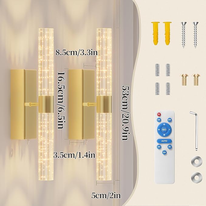 camuucci Battery Operated Gold Wall Sconces Set of 2 Rechargeable Battery Powered Wall Light with 18000mAh Not Hardwired Dimmable Wall Lamp Fixtures for Bedroom Living Room 20.9 Inches