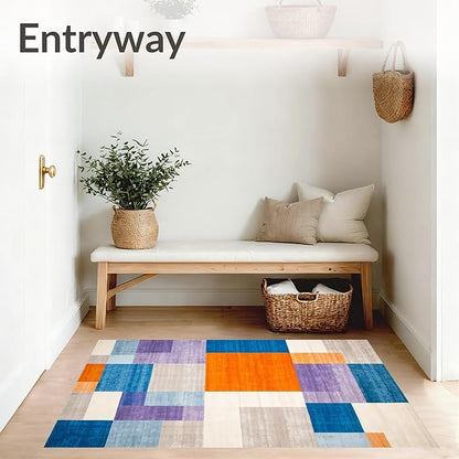 Flatwoven High Traffic Area Rug 4x6, Modern Abstract Color Block Area with Artistic Flair, Non Slip, Stain Resistant, Washable Area Rugs for Living Room, Bedroom (Blue, 4x6)