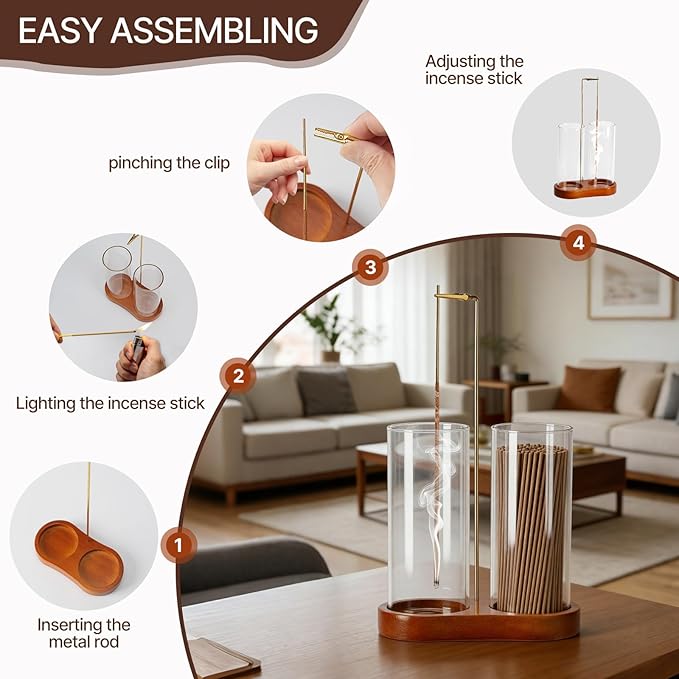 Incense Holder with 2 High Glass Bottle,Wooden Base Incense Stick Holder for Desktop,Incense Burner for Ash Collection,Ash Container