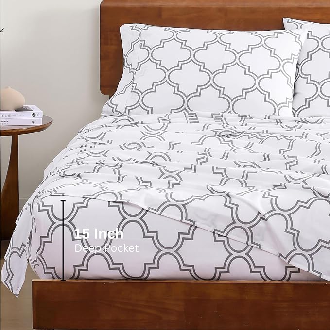 LANE LINEN 100% Organic Cotton Sheets RV Queen, 4-Piece Bed Sheets Short Queen Size Cotton, Luxury Sheets, Percale Weave,Breathable Bed Sheets RV Queen Size Deep Pockets Fits Upto 15"- Trellis Silver