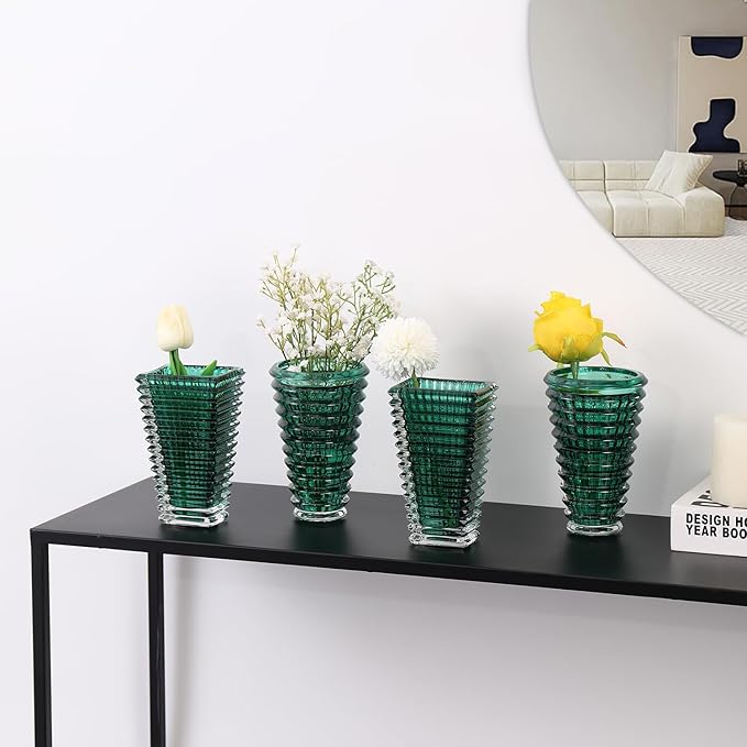 MCMCNCUIU Crystal Flower Vase Set of 4, Glass Vases for Centerpieces, Green Vases for Flowers, Small Vase for Living Room, Bedroom, Kitchen, Office, Wedding