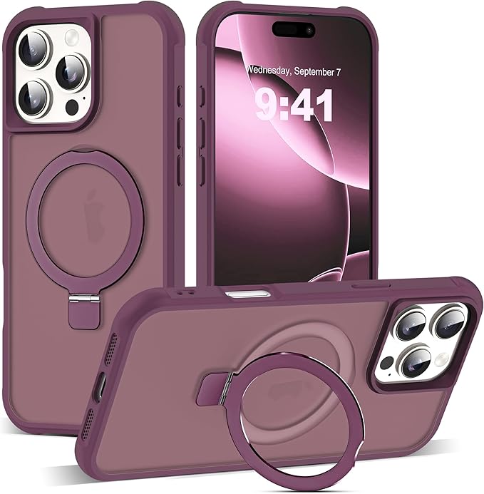 Compatible with iPhone 16 Pro Max Case with Invisible Magnetic O-Ring Stand Military-Grade Translucent Case for iPhone 16 ProMax 6.9" [Compatible with Mag-Safe][Great Grip Feeling],Wine Red