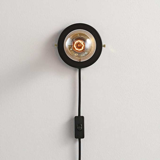 BRIGHTTIA Luna 1-Light Plug-in Wall Sconce - Mid Century Modern Minimalist Bedroom Home Office Lighting - Portable Wall Lamp for Apartments & Small Spaces with No J-Box - Black & Gold (BW0026-1BGP)