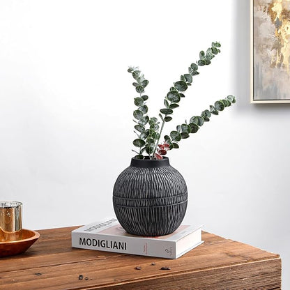7" Short Rustic Vase with Geometric Linear Striations, Round Ceramic Vase Suitable for Leaves Stems & Flowers, Low-Profile & Cool Tone Style, Chunky, Small & Dark Grey