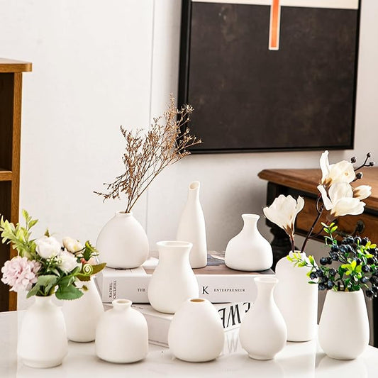 Ceramic Bud Vases, White Mini Vase Set of 11, Small Pottery Vases for Flowers Mini Ceramic Vases for Pampas Grass Vase Bulk for Wedding Table Centerpieces Decoration Boho Home Decor DIY Gift