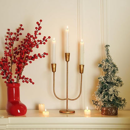 Cast Iron Candelabra for 3 Candles, Brass Candlestick Holder Vintage Taper Candle Holder Tall Antique Gold Candle Stand Table Centerpiece Mantlepiece Decor for Wedding Housewarming Christmas
