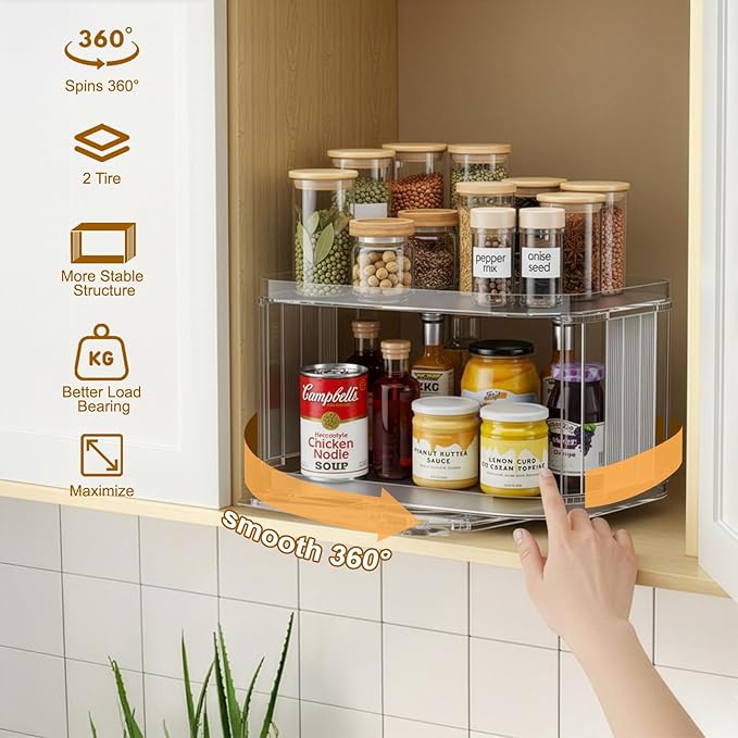 2 Tier Lazy Susan (1 Pack) Kitchen Organizer for Canned Goods Turntable Organizer for Cabinet/Pantry/Kitchen/Countertop/Bathroom/Vanity/Medicine Cabinet Organizer/Refrigerator