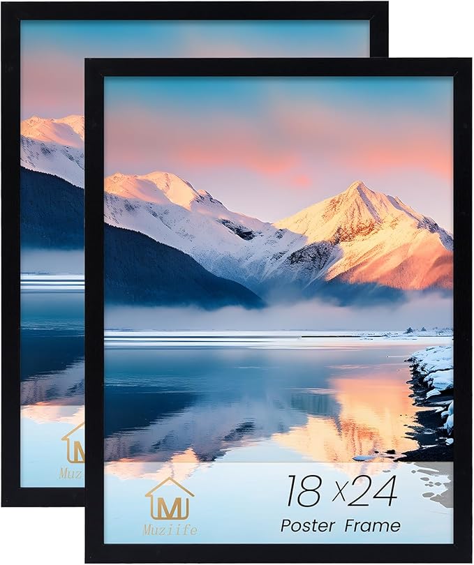 Muzilife 18×24" Black Poster Frame 2 Pack, Engineered Wood Concert Poster Picture Frames with Plexiglass Cover and Hanging Hardware for Horizontal or Vertical