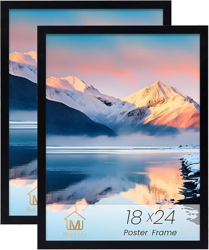 Muzilife 18×24" Black Poster Frame 2 Pack, Engineered Wood Concert Poster Picture Frames with Plexiglass Cover and Hanging Hardware for Horizontal or Vertical