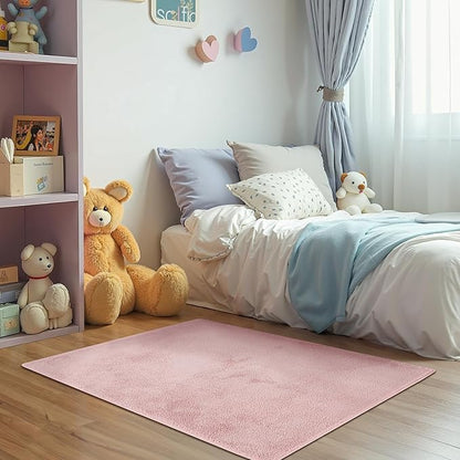 jinchan Solid Plush Area Rug 3x5 Performance Shaggy Washable Rug Indoor Soft Modern Faux Wool Cozy Non Slip Carpet for Living Room Kids Room Bedroom Dining Room Nursery Pink