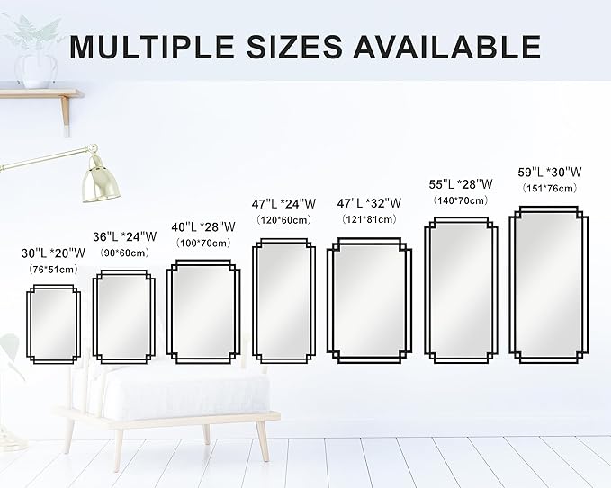 24" x 47" Large Black Mirror for Wall Decor, Elegant Living Room Mirror with Irregular and Rectangular Metal Frame, Modern Bathroom Mirror Above Sink