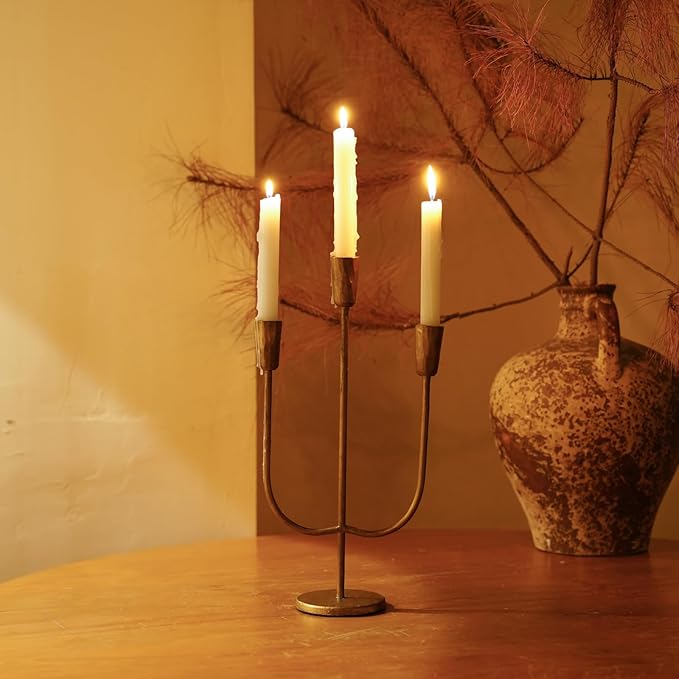 Cast Iron Candelabra for 3 Candles, Brass Candlestick Holder Vintage Taper Candle Holder Tall Antique Gold Candle Stand Table Centerpiece Mantlepiece Decor for Wedding Housewarming Christmas