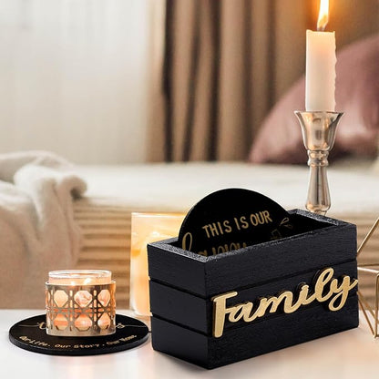 Queekay Coasters Set of 6 House Warming Gifts New Home Wooden Farmhouse Drink Coasters with Holder 4'' Funny Decoration for Kitchen Family Coffee Bar Tabletop Protection(Black Gold)