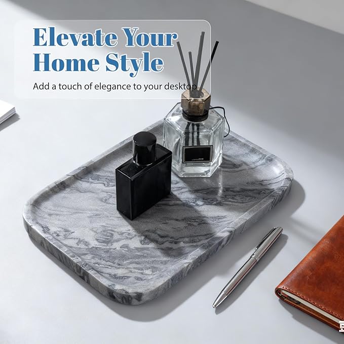 Koville Marble Tray, 12"x8" Natural Marble Vanity Tray for Countertop Bathroom Kitchen Dresser, Decorative Catchall Trays for Perfume Jewelry, Rectangular Stone Serving Tray (Grey)
