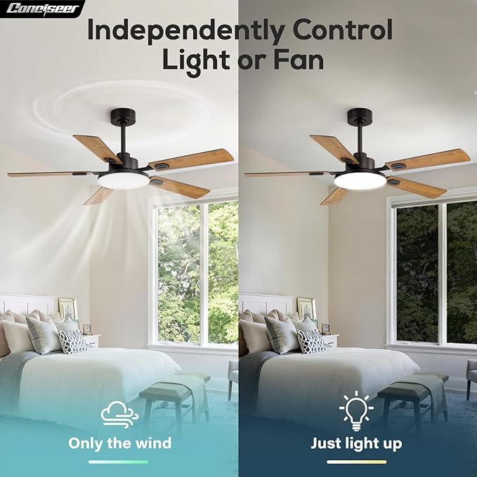 52 Inch Ceiling Fans with Lights and Remote for Bedroom Living Room Kitchen Office, Indoor/Outdoor Use, 5CCT Dimmable, 5 Blades 6 Speed Reversible Quiet DC Motor, Brown/Wood Grain