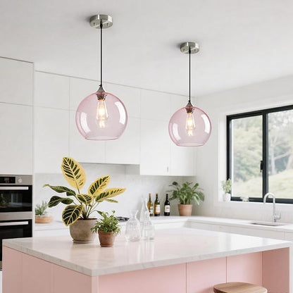 Pink Glass Pendant Lights Kitchen Island Globe Pendant Light Fixtures Modern Pendant Lighting for Bedroom Living Dining Room Light Fixture (9.84 in, 2 Pack)