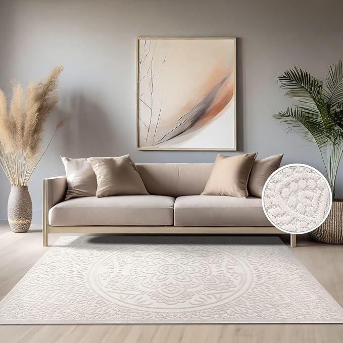 Paco Home Modern in- and Outdoor Rug with Carved Oriental Mandala Pattern in Cream, Size: 4' x 5'7"