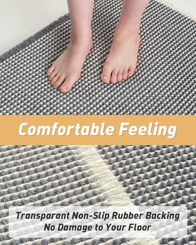 Upgraded Waffle Runner Rug Super Absorbent Non Slip Bath Mats for Bathroom Machine Washable Bathroom Runner Rug with Tassels, Ideal for Hallway Bedroom Laundry Room, 17" x 60", DarkGrey & Cream