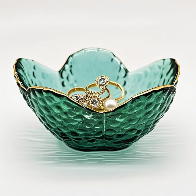 Small Jewelry Tray Dish for Women, Green Glass Jewelry Dish Trinket Tray, Flower Ring Dish Engagement Gift, Crystal Ring Holder Dish, Bathroom Jewlery Plate Dish, Jewelry Bowl for Earrings