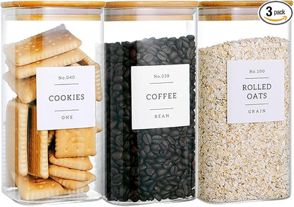 3 Pack Square Glass Kitchen Storage Jars with Airtight Bamboo Lids and 132 Pantry Labels - 54oz Glass Canisters with Wood Lids - Food Storage for Sugar, Rice, Pasta, Cereal