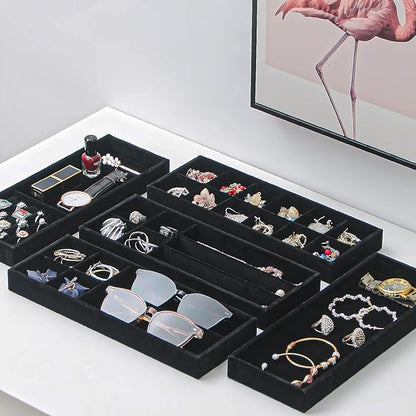 2Pcs Desk Drawer Storage Tray, Nightstand Organizer Tray, Necklace Bracelet Ring Earring Jewelry Display Tray, Grid Table Organizer Holder Tray for Sunglass, Phone, Watch, Perfume (1 grid)/Black