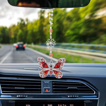 Red Crystal Butterfly Car Charms - Vintage Rear View Mirror Hanging Ornament, Sun Catcher Window Pendant for Car Interior Decoration, Halloween for Mom Aunt Women
