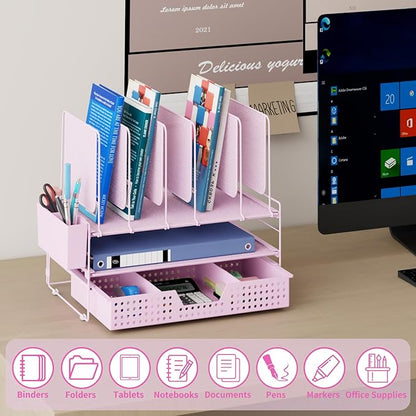 Pink Desk Organizer, Office Organization with Vertical File Holder, File Organizer with Drawer and Pen Holder, Desk Accessories and Workspace Organizers for Home Office (Pink)