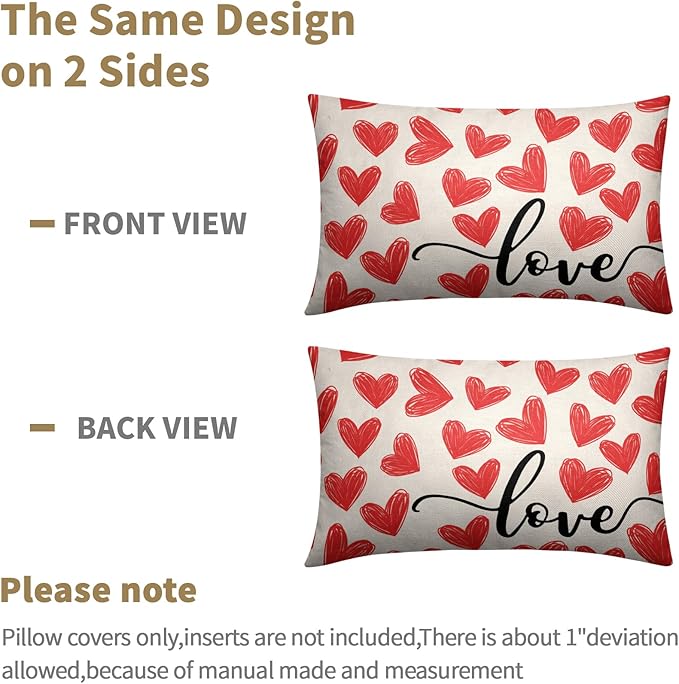 Valentines Day Pillow Covers 12x20 Set of 2 Red Heart Throw Pillow Covers Love Pillowcase Linen Decoration Farmhouse Holiday Cozy Soft Cushion Case Couch for Indoor Outdoor Home Decor
