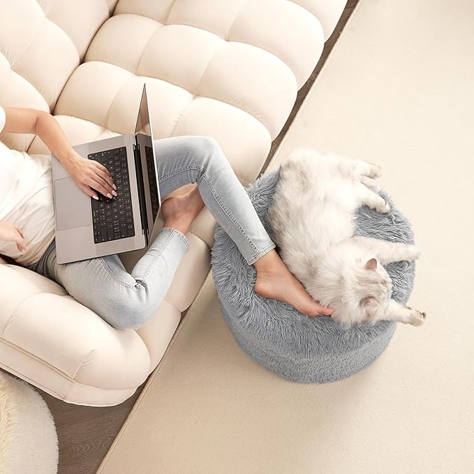 Hansleep Pouf Ottoman Foam Filled 20 x 15, Faux Fur Round Ottoman Foot Rest for Chair with Washable Cover, Foot Stools Under Desk for Living Room & Bedroom, Grey