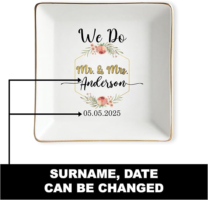 Custom Couple Jewelry Dish Engagement Gifts for Bride and Groom, Personalized Wedding Ring Holder, Mr and Mrs Ceramic Tray, Newlywed Trinket Plate, Gift for Wife Husband Anniversary