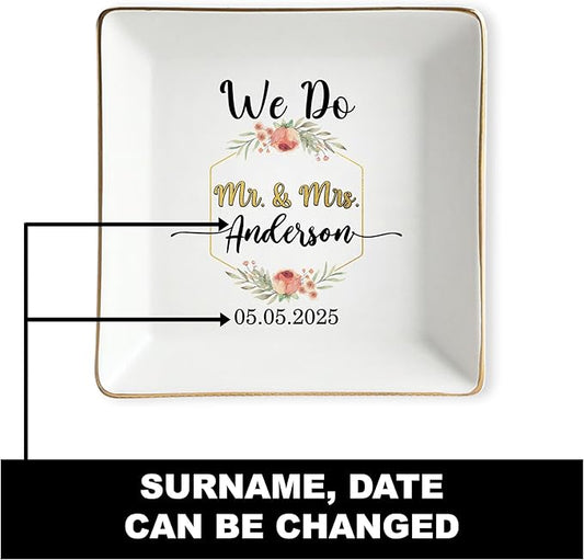 Custom Couple Jewelry Dish Engagement Gifts for Bride and Groom, Personalized Wedding Ring Holder, Mr and Mrs Ceramic Tray, Newlywed Trinket Plate, Gift for Wife Husband Anniversary