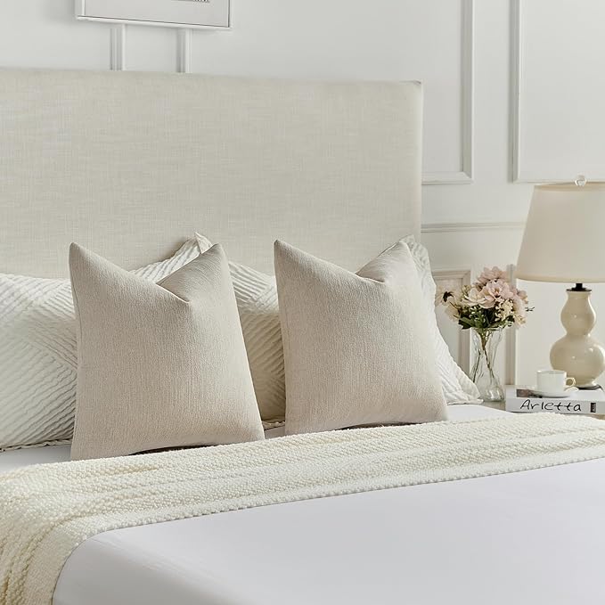 FUTEI Beige Chenille Decorative Throw Pillow Covers 24x24 Inch Set of 2,Soft Cozy Faux Linen Textured European Pillow Shams,Farmhouse Home Decor for Couch Living Room