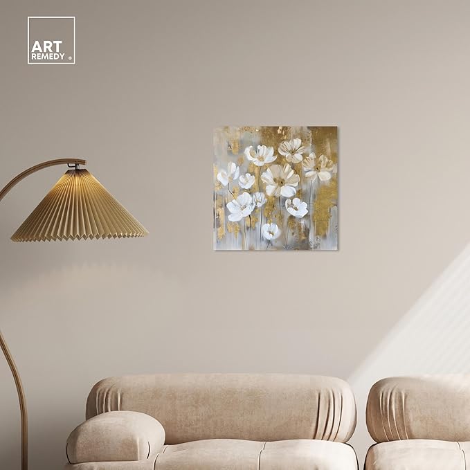 Art Remedy Golden Daisies Canvas Elegant White Gold Wall Art, Gallery Wrapped, 20" x 20"