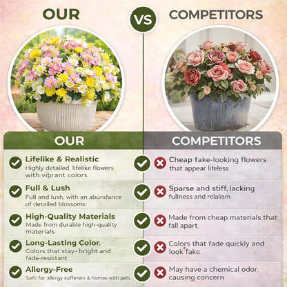 alyptus Artificial Flowers for Outdoors, 12 Bundles UV Resistant Spring Fake Flowers for Porch, Patio & Home Decor – Realistic Outdoor Faux Plants with 4 Colors - Multicolor