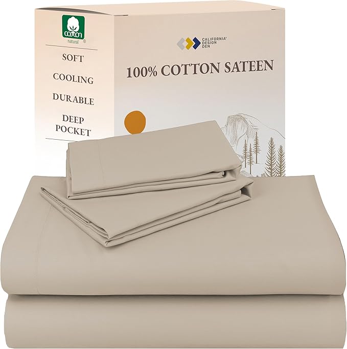 California Design Den King Size Sheets Set - Natural 100% Cotton Sheets King Size with Deep Pockets, Soft Sateen Weave, Breathable and Durable Bedding Set Beige (Warm Taupe)