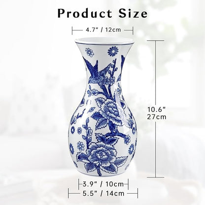 Blue and White Ceramic Vase, 11" Tall Chinoiserie Vase in Wide Mouth, Vintage Blue Flower Vases Decorative Vases for Home Decor, Table Centerpiece, Living Room, Dining Room, Entryways Decor