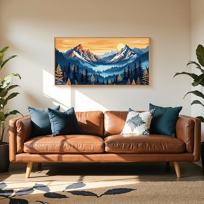 HLNIUC Boho Abstract Blue Orange Mountain Wall Art Framed, Large Pine Tree Ridge Wall Decor (20"x40"), Sunset Forest Landscape Canvas Painting, Nature Prints for Living Room, Bedroom, Office