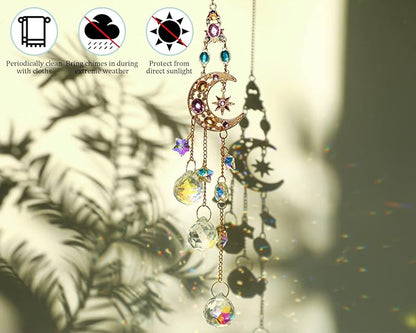 H&D HYALINE & DORA Handmade Crystal Moon&Star Prisms Suncatchers, Glass Window Hanging Ornament, Rainbow Rhinestones Decor for Home Garden Imitation Jewellery