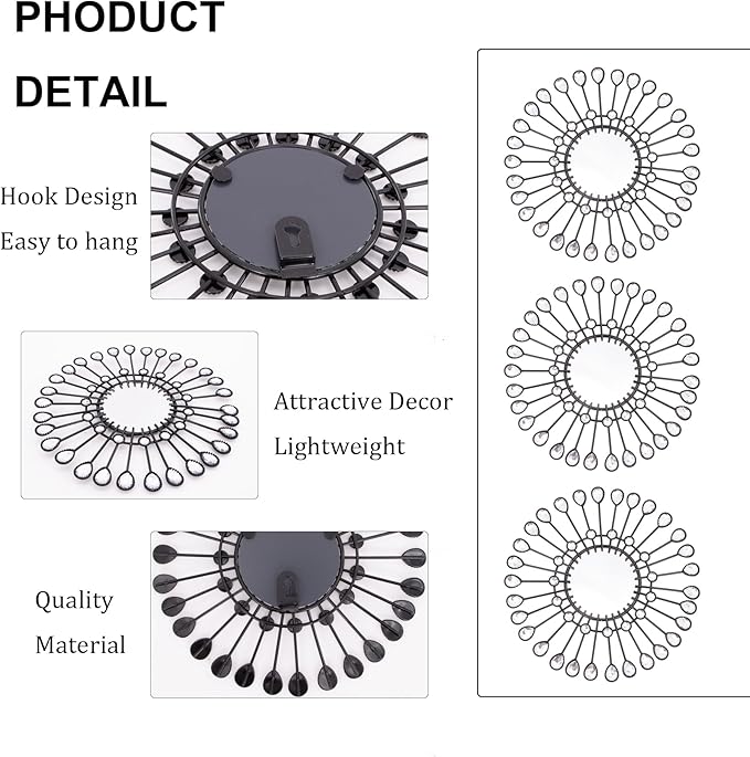 Black Mirrors 3 Piece, Sunburst Mirror Hanging Wall Decor, 9 inch Decorative Mirrors Wall Art, Rhinestone Round Mirror for Bedroom, Christmas, Kitchen, House Warming