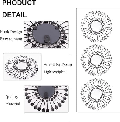 Black Mirrors 3 Piece, Sunburst Mirror Hanging Wall Decor, 9 inch Decorative Mirrors Wall Art, Rhinestone Round Mirror for Bedroom, Christmas, Kitchen, House Warming
