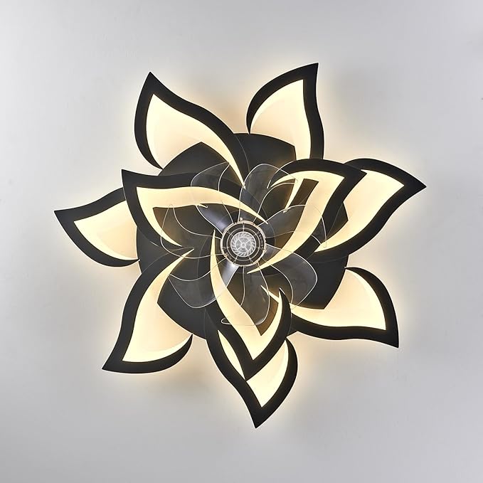 HuixuTe 32" Modern Geometric Ceiling Fan with Lights Remote Control, Black 6 Speeds 3 Colors Low Profile Ceiling Fan with Light for Living Room