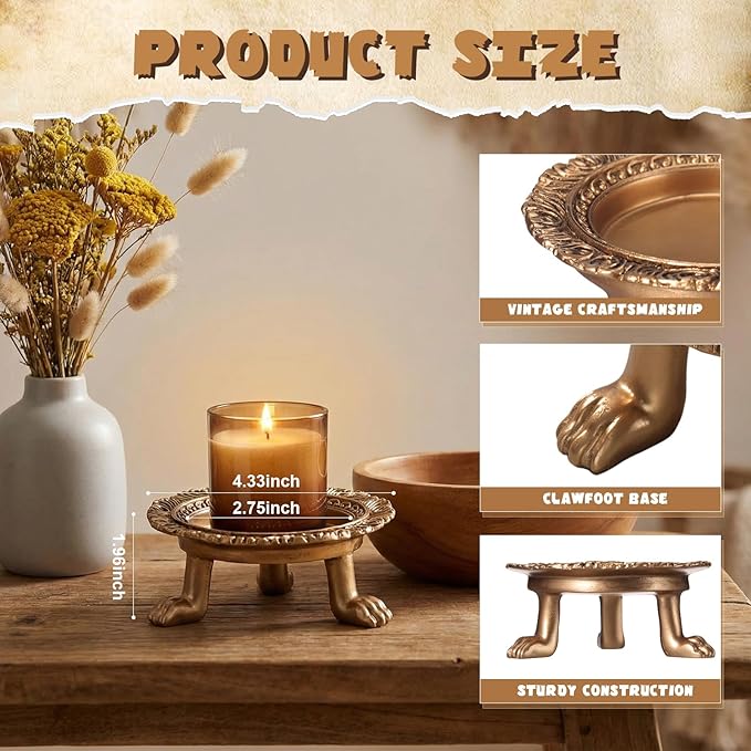 1 Pack Brass Color Candle Holder Pedestal Dish Stand Gold Vintage Tray Clawfoot Plate Decor for Jewelry Wax Ring Trinket