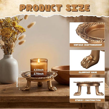 1 Pack Brass Color Candle Holder Pedestal Dish Stand Gold Vintage Tray Clawfoot Plate Decor for Jewelry Wax Ring Trinket