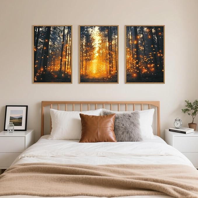 Magical Firefly Forest Framed Canvas Wall Art Set,Enchanted Night Nature Mystical Woodland Wall Decor,Whimsical Orange Twinkling Black Tree Art Print for Living Room, Bedroom, Office- 16"x24"x3