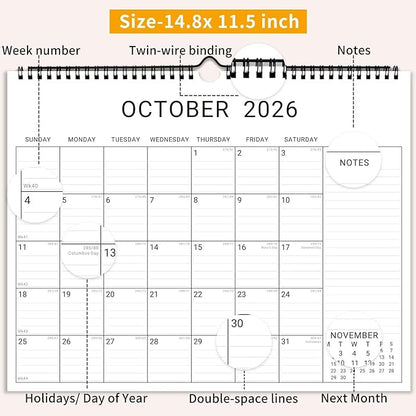 2026 Wall Calendar, 12 Month 14.8”x11.5” Year Monthly Organizer from January 2026-2027 Horizontal Blank Simple Spiral Bound Wire Hanging Calendar w/ Lines for Family, Home, Kitchen, Office White1